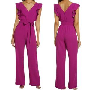 Lilly Pulitzer Kallie Ruffle V-Neck Straight Leg Jumpsuit in Bordeaux Berry Sz 4